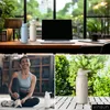 A collage of three images: two water bottles on a desk with a laptop, a woman sitting on the floor in workout clothes, and a water bottle on a table outdoors. Produktbild-Vorschau