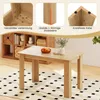 A dining table with a bookshelf in the background, featuring close-ups of the table's construction. Náhled obrázku produktu