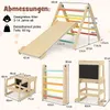 A collage of images showing a wooden climbing triangle with a slide, a climbing ladder, and a small easel with a blackboard, all with dimensions indicated. Anteprima dell’immagine prodotto