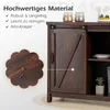A close-up of a dark brown wooden sideboard with a sliding barn door, showcasing its material and features. Podgląd zdjęcia produktu