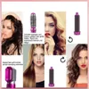 Collage zeigt einen rosafarbenen Haarstyler mit Bürsten- und Lockenaufsätzen, der seine Anwendung auf verschiedenen Haartypen für Volumen, Glätten und Wellen demonstriert Podgląd zdjęcia produktu