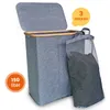 A grey laundry basket with a lid and a mesh bag next to it, with marketing text overlays. Produktbild-Vorschau