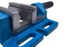 A close-up, studio shot of a blue metal vise with gray metal jaws, set against a white background. Produktbild-Vorschau