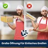 A split image showing a man demonstrating the correct and incorrect way to store pasta in containers. Produktbild-Vorschau