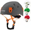 A gray climbing helmet with orange straps is shown, with smaller circular images of white, green, and red versions of the same helmet to the right. Voir les images du produit