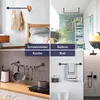 A collage of four images showing a heavy-duty clothes rack mounted on a wall in a bedroom, a balcony with hanging decorations, a kitchen with utensils hanging from a rack, and a bathroom with a towel rack and shower. Produktbild-Vorschau