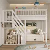 A child's bedroom with a white loft bed, featuring a sofa bed underneath and various decorative items. Produktbild-Vorschau