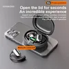 A smartphone with wireless earbuds in their charging case, with one earbud placed next to the phone. Produktbild-Vorschau
