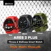 Three Zeblaze Ares 3 Plus smartwatches in red, black, and green are displayed against a textured gray surface and a white background with a grid pattern. Text overlays provide product information and branding. Produktbild-Vorschau
