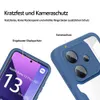 Close-up marketing image showing a blue phone case with a clear back, highlighting its protective features for the screen and camera. Produktbild-Vorschau
