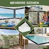 Collage of different scenes showing a transparent tarp used for various outdoor applications like a patio, greenhouse, balcony, and swimming pool cover. Produktbild-Vorschau