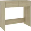 A simple, front-facing view of a light brown wooden desk with two drawers and silver handles, set against a plain white background. Podgląd zdjęcia produktu