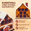 Two gingerbread house-shaped advent calendars are shown, one in the foreground and one in the background, with descriptive text and checkmarks on the right side. Produktbild-Vorschau