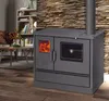 A modern living room with a wood-burning stove as the focal point, set against a stone wall. Produktbild-Vorschau