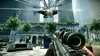 A first-person perspective of a video game scene, with a sniper rifle in the foreground and a helicopter flying over a city in the background. Produktbild-Vorschau