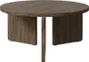 A round coffee table with a wood grain finish and a unique base. Voir les images du produit