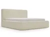 A beige upholstered bed frame with a mattress on a white background. Produktbild-Vorschau