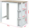 A bar table with built-in shelves, shown with dimensions indicated by red lines and text. Náhled obrázku produktu
