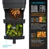 A marketing image showing a dual-chamber air fryer with food inside and feature descriptions. Produktbild-Vorschau