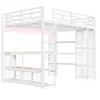 A white metal bunk bed with integrated desks and shelves. Produktbild-Vorschau