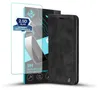 A black flip-style phone case and a screen protector are displayed against a white background. Produktbild-Vorschau