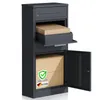 A dark gray parcel box with two packages inside, one in a pull-out drawer and another in the lower compartment. The lower compartment door is open, revealing the package and two German quality seals. Náhled obrázku produktu