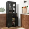 A black freestanding cabinet with glass doors and a drawer, placed in a kitchen or bathroom setting. Voir les images du produit
