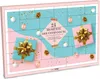 A decorative advent calendar with numbered doors, featuring gift boxes, ornaments, and confetti. Produktbild-Vorschau