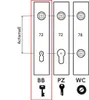 Diagram showing different types of door lock mechanisms (BB, PZ, WC) with measurements. Produktbild-Vorschau