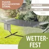 A hammock with a stand in a garden setting, with rain and sun graphics indicating weather resistance. Produktbild-Vorschau