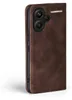 A close-up side view of a brown leather flip case for a smartphone. Produktbild-Vorschau