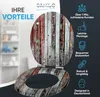 A toilet seat with a rustic wood design is shown open, with marketing text and icons on the right side. Náhľad obrázku produktu