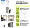 A product image showcasing an outdoor wall light with various feature callouts and smaller product images. Produktbild-Vorschau