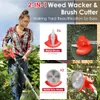 A woman is holding a weed wacker/brush cutter, with close-ups of the different blades and the product in use. Produktbild-Vorschau