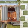 Outdoor curtains hanging on a pergola, with text overlays describing features. Náhled obrázku produktu