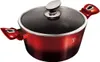 A red pot with a black speckled lid and silver handle. Voir les images du produit