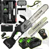 A collage of a cordless chainsaw kit, including the chainsaw, batteries, charger, extra chain, bar, protective glasses, and a carrying case. Náhľad obrázku produktu