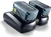 Two Festool 18V 5.0Ah lithium-ion batteries are shown connected to a charger. Produktbild-Vorschau