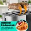 A toaster with a bread roll attachment, showing bread rolls being heated, with text and an inset image of croissants and toast. Anteprima dell’immagine prodotto
