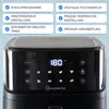 A close-up of the top control panel of a black air fryer, with marketing text boxes in the background. Produktbild-Vorschau