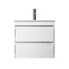 A white wall-mounted bathroom vanity with two drawers and a silver faucet, shown against a white background. Produktbild-Vorschau