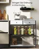 A narrow console table with two fabric drawers and shelves displaying kitchen items like jars of food, a coffee machine, and a basket. Produktbild-Vorschau