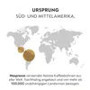 A world map highlighting South and Central America, with text about coffee origin and Nespresso's sourcing practices. Produktbild-Vorschau