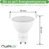 A white LED bulb with dimensions indicated by measurement lines and text overlays. Produktbild-Vorschau