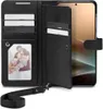 An open black wallet case for a smartphone, showing card slots and a photo. Produktbild-Vorschau