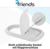 A white plastic storage container with a lid, shown from a slightly elevated angle. A magnified inset shows a detail of the lid closure mechanism. The brand logo and descriptive text are present. Produktbild-Vorschau