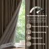 A close-up of a brown velvet curtain partially drawn, revealing a window with greenery outside. Text and icons describing the curtain's features are overlaid on the right side of the image. Náhled obrázku produktu