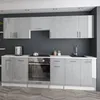 A modern, minimalist kitchen with high-gloss gray cabinets and white countertops. Produktbild-Vorschau