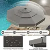 A grey patio umbrella is shown next to a swimming pool and lounge chairs, with close-up insets highlighting fabric details and construction. Anteprima dell’immagine prodotto