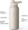 A beige insulated water bottle with text describing its features. Produktbild-Vorschau